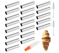 20 Pcs Cannoli Molde Tubos, FantasyDay Juego de Moldes de Cuerno de Crema Moldes de Acero Inoxidable Molde de Croissant con 3 Cepillo de Limpieza - Repostería Moldes para Cannoli Repostería Panqueques