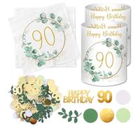20 Servilletas De Cumpleaños 90 Años + 12 Portavelas + 100 Unidades De Confeti Verde Eucalipto Para Decoración De Mesa Mujer Hombre