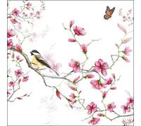 20 servilletas de pájaro en flores rosas como decoración de mesa para primavera y verano, con mariposas, 33 x 33 cm