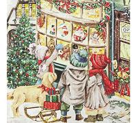 20 servilletas, diseño de niños frente a la tienda de Navidad, niño, niña, perro, invierno, Navidad, decoración de mesa, decoupage, técnica de servilletas, 33 x 33 cm