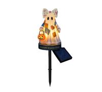2026 Halloween Deko Solar Gartenleuchte mit Patchwork Design Blumenschleife fröhliche LED- für Terrasse Beet wetterfeste Außenlampe als Erdspieß Harz Ambiente Licht für aben
