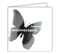 22212 Tarjeta cuadrada Feliz CUMPLIMIENTO sobre una mariposa plateada brillante con sobre blanco, 15 x 15 cm, interior blanco - Creación de impresión Fabricación francesa - Colección Sueño de palabras
