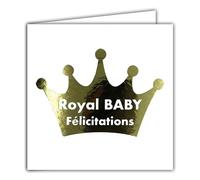 22242 Tarjeta cuadrada Felicitaciones Royal BABY Bienvenido a Bebé Nacimiento o Adopción Pequeño Príncipe Pequeña Princesa Corona de Oro Oro Brillante - Con Sobre Blanco 15x15cm - Fabricado en Francia
