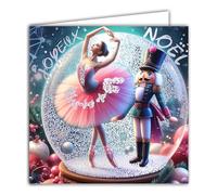 23090 Tarjeta cuadrada Feliz Navidad Bola de nieve plateada brillante con sobre cuadrado blanco, formato 15 x 15 cm - Bailarina bailarina estrella tutu rosa y soldado de madera cascanueces - Fabricado