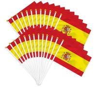 25 banderines españoles de mano, de poliéster, con mástil, de 14 x 21 cm, ideales para eventos deportivos, fiestas nacionales y decoración de bares.