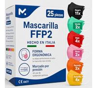 25 Mascarillas FFP2 Made in Italy Colores Mix Homologadas Certificación CE sin Válvula, Máscara Protectora de Polvo, Mascarilla de Protección Personal con Filtros de Calidad BFE≥95, 20 Piezas
