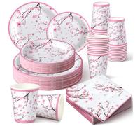 250 piezas de decoración de fiesta de flores de cerezo, suministros de fiesta de flores de cerezo, juego de vajilla desechable, plato de papel de flor de cerezo rosa y servilletas, suministros de