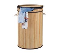 2x Cesto Ropa Sucia con Tapa, Cubo Colada Plegable, Redondo, Bambú, 65 Litros, Ø 40 cm, Natural