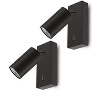 Maclean MCE369 Aplique de Pared GU10 con Interruptor | Punto Giratorio | Diseño Moderno para Salón, Dormitorio y Pasillo | 55x100 mm (Negro, 2 unidades con luz blanca neutra de 7W)