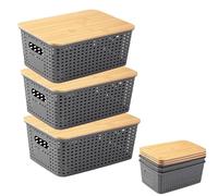 3 cajas de almacenamiento con tapa de bambú, organizador de baño de plástico de 5 l, cesta de almacenamiento pequeña con asa, apilables con tapa, para cocina, baño, dormitorio, balcón, estanterías
