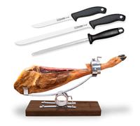 3 Claveles - Kit Soporte Jamonero Basculante en Acero y Madera con Cuchillos y Chaira
