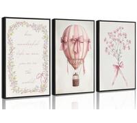 3 cuadros artísticos de pared sin marco, color rosa, para habitación de bebé, niñas, estampado de ramo de lazo rosa neutro, globo aerostático, pintura pastel, decoración de pared para habitación de