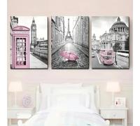3 Cuadros Decoracion Salon Pared Sobre Lienzo Póster Torre gris moderna Cabina telefónica rosa Paraguas Autobús Lightpink Paris Tema Impresión arte pared Regalo Niñas Dormitorio Galería Pasillo, A2 (4
