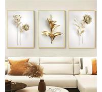 3 Imágenes Set-Cuadro Abstracto de Flores Doradas de Lujo Sobre Lienzo Póster Decorativo Pared Ideal la Decoración Hogar la Cocina la Oficina O Cualquier Espacio de Estilo Nórdico-50x75cm (sin marco)