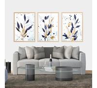 3 Imágenes Set-Cuadro Abstracto Moderno de Hojas Azules y Doradas Sobre Lienzo Láminas de Plantas Arte Mural Azul Póster Nórdico Decoración de Sala de Estar Cocina y Oficina-40x60cm (sin marco)