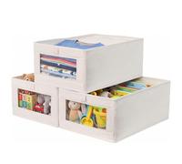 3 Pack Cajas Organizadoras Armarios y Ropa 41x28x17cm con Ventana Transparente Plegables Almacenaje para Armario de Lino Algodón Blanco Roto Cajas Almacenaje para Guardar Jerséis Camisetas Cajones