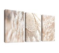 3 Pcs Beige Hierba de la Pampa Marco de Madera Cuadro Moderno Atrapasueños Botánico Aliento de Bebé Lienzo Decorativos Pintura Imagen Cuadros Decoracion Salon Dormitorios Pasillo Baño 40cmx60cmx3