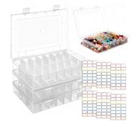 3 Pcs Caja Organizadora de Plástico Transparente con 24 Compartimentos Ajustables 19.8x13.4x3.8cm Organizador de Hilos Cuentas Joyas Tornillos Caja Clasificadora Apilable para Bricolaje +144 Etiquetas