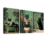 3 Pcs Gato Negro Divertido Marco de Madera Cuadro Moderno Gatito leyendo el periódico en el inodoro Lienzo Decorativos Pintura Imagen Cuadros Decoracion Salon Dormitorios Comedor Pasillo 40cmx60cmx3
