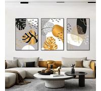 3 piezas-Cuadro Abstracto de Hojas Doradas y Negras Sobre Lienzo Arte Mural Nórdico Con Motivos Vegetales Pósteres y Láminas Modernas la Decoración del Salón la Oficina y el Hogar-50x60cm (sin marco)