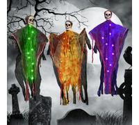 3 Piezas Esqueletos Fantasmas para Colgar, 90x50cm Decoración Fantasma Esqueleto de Halloween con Led, Reapers Props Calavera Colgantes Decoración para Exterior Interior Puerta Ventana Jardín