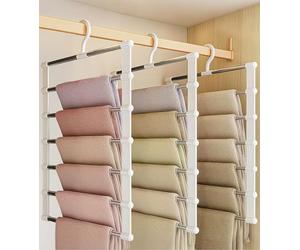 3 Piezas Perchas para Pantalones, Juego de Colgadores Múltiples, Ahorra Espacio 7 en 1, Gancho Giratorio, Organizador de Acero Inoxidable para Jeans, Faldas, Bufandas, Vaqueros, Ropa y Corbatas
