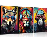 3 pósteres de graffiti de animales para videojuegos, imágenes con auriculares, gafas de sol, gorila, tigre, lobo, gamer, impresiones en lienzo, coloridas pinturas de graffiti para adolescentes, juegos