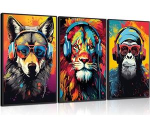 3 pósteres de graffiti de animales para videojuegos, imágenes con auriculares, gafas de sol, gorila, tigre, lobo, gamer, impresiones en lienzo, coloridas pinturas de graffiti para adolescentes, juegos
