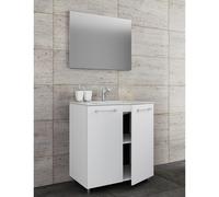 3-tlg. Set | 1 Waschtisch mit Dretüren, 1 Spiegel, 1 Waschbecken | Keramik Waschbecken | Unterschrank stehend 80 cm | Badmöbel Set - Badinos blanco
