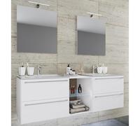 3-tlg. Set | 2 Waschtisch, 2 Spiegel, 2 Waschbecken, 1 Mittelfach | Keramik Waschbecken | Unterschrank 195 cm | Badmöbel Set Doppel Waschplatz - Badinos XXL blanco