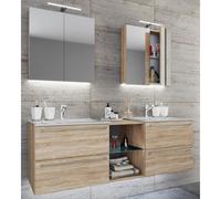 3-tlg. Set | 2 Waschtisch, 2 Spiegelschrank, 2 Waschbecken, 1 Mittelfach | Keramik Waschbecken | Unterschrank 155 cm | Badmöbel Set Doppel Waschplatz - Badinos XXL Sonoma-Eiche