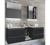 3-tlg. Set | 2 Waschtisch, 2 Spiegelschrank, 2 Waschbecken, 1 Mittelfach | Keramik Waschbecken | Unterschrank 155 cm | Badmöbel Set Doppel Waschplatz - Badinos XXL negro