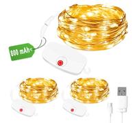 3 x Recargable Guirnalda luces,8 modos de iluminación con temporizador,30LED 3M/9.8Ft,Interfaz USB-C Desmontable，Para Exterior/Interior, Decoración Navideña, Bodas, Dormitorio, Fiesta (Blanca Cálida)