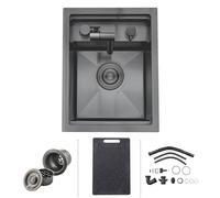 30×45cm Fregadero de Bar de Cocina Oculto con Grifo Plegable Fregadero Cocina Negro Gris, Fregadero de Barra de Estación de Trabajo Empotrable de Acero Inoxidable Oculto Para Pequeña