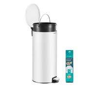 SONGMICS Cubo de Basura Redondo, Basurero con 15 Bolsas, Pedal de Metal, Cubeta Interior Extraíble de Plástico, Asa, Cierre Amortiguado, Acero, 30 L, Blanco Nube LTB031WZ02