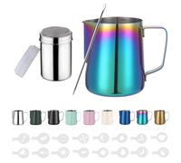 350ml Jarra Leche Barista Acero Inoxidable,con Medición Mark 12 oz, Jarra de Espuma de Leche con Dispensador de Cacao, 16 Plantillas y Bolígrafo para Capuchino y Espresso,Colores cerámicos
