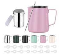 350ml Jarra Leche Barista Acero Inoxidable,con Medición Mark 12 oz, Jarra de Espuma de Leche con Dispensador de Cacao, 16 Plantillas y Bolígrafo para Capuchino y Espresso,Rosa