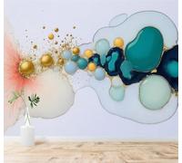 3D Papel Pintado Abstracto Burbujas Azul Dorado Arte Líquido Textura Tinta | Seda Texturizada de Premium Ideal Para el Estudio Comedor Salón Dormitorio Cocina Sofá TV y la Decoración Pared-250cm×170cm