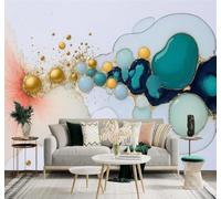3D Papel Pintado Abstracto Burbujas Azul Dorado Arte Líquido Textura Tinta | Tejido de Seda con Textura Alta Gama Ideal Para el Salón Dormitorio Estudio la Oficina Comedor y Pared Trasera TV-150cm×105cm