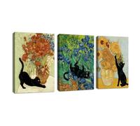 3Pcs Gato Negro Jugando Con Girasoles de Marco Cuadros Decoracion Salon, Van Gogh Vintage Con Amapolas Pintura Lienzos Decorativos Animales Graciosos Cuadro y Láminas Decor para Dormitorio 30x40cmx3