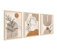3Pcs Marco de Madera Cuadro Moderno Boho Tono Tierra Cuadro Decoracion Salon Elegante Abstracto Cara Mujer Imagen Geométrico Sol Luna Cuadros Decorativos Salon Dormitorio 40cmx60cmx3 (Sin Plexiglás)