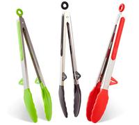 3Pcs Pinzas de Cocina Silicona, 30cm Pinzas Barbacoa Acero Inoxidable con Puntas de Silicona para Air Fryer(Negro, Rojo, Verde)