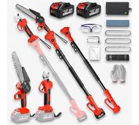 4 en 1 Podadora Inalámbrica y Motosierra de Pértiga, Alcance Máx. 4,9 m | Poste Telescópico de 1,1 a 2,5 m, Cabezal Giratorio 180°900W Motor Brushless, Motosierra de 20 cm, 2 Baterías de 4,0 Ah
