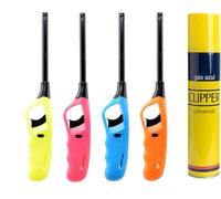 4 Encendedores Mecheros Cocina Barbacoa + 1 Clipper Botella Gas 300 ml, Gas Sirve para Recargar Soplete de Cocina, Azul