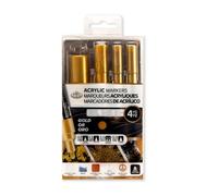 4 MARCADORES DE ARTISTA DE PINTURA ACRÍLICA PARA ARTESANÍA ORO. TAMAÑOS 0,7 mm, 1,2 mm, 2 mm, 12 mm.