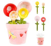 4-Piece Ceramic Flower Measuring Spoons Set with Flowerpot Base, Decorative Flower Pot Ceramic Measuring Spoon Set for Home and Kitchen (Pink)
