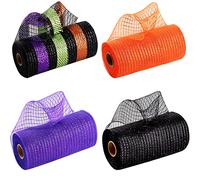 4 rollos de malla decorativa de Halloween para hacer coronas, 6 pulgadas x 10 yardas, color naranja, morado, verde, negro, cinta de rayas metálicas, rollo de malla de poliéster para decoración de