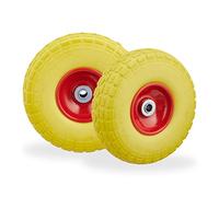 4 Ruedas de Carro, Antipinchazos, Macizas, 4.10/3.50-4", Eje de 16 mm, hasta 150 kg, 26 x 8,5 cm, Amarillo y Rojo