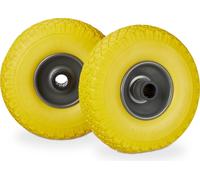 4 ruedas para carretilla en un juego, antideslizantes, neumáticos de poliuretano macizo de 3.00-4, llanta de acero, eje de 25 mm, capacidad de 100 kg, dimensiones 260x85 mm, color amarillo-gris