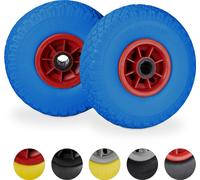 4 ruedas para carretilla en un juego, neumáticos de goma maciza de 3.00-4" resistentes a pinchazos, eje de 25 mm, capacidad de hasta 80 kg, dimensiones 260x85 mm, color azul y rojo